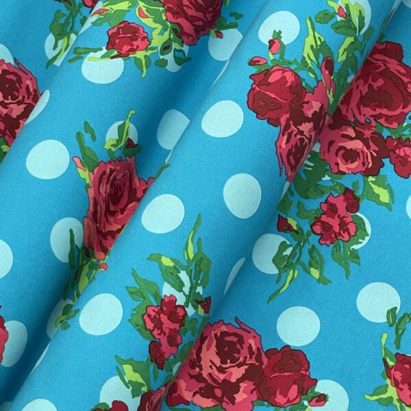 Bavlna pružná tyrkysová, guľky a kvety